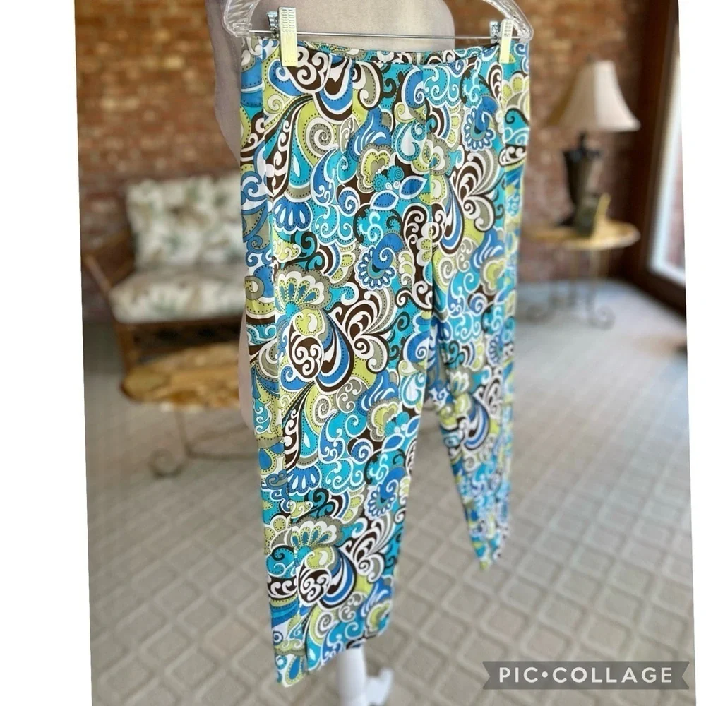 Boston Proper Blue Teal Paisley Cropped Capri Pants Retro Fits a Small